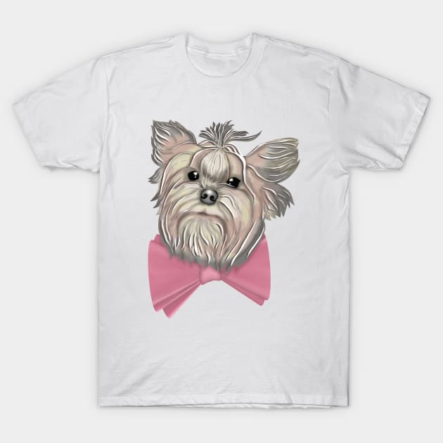 Yorkshire Terrier with a pink bow T-Shirt by KateQR